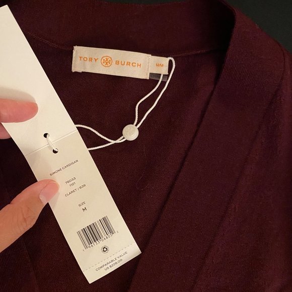 TORY BURCH SIMONE V-NECK CARDIGAN CLARET SIZE M - Picture 6 of 6